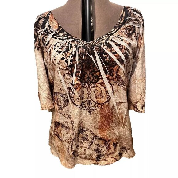 Cato. Sz XL. V-neck. Butterfly Sleeves. Stretch Tan. Linen Poly Blend. B42 - Picture 1 of 4